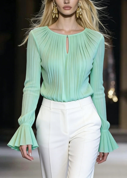 Italian Green O Neck Wrinkled Chiffon Top Flare Sleeve