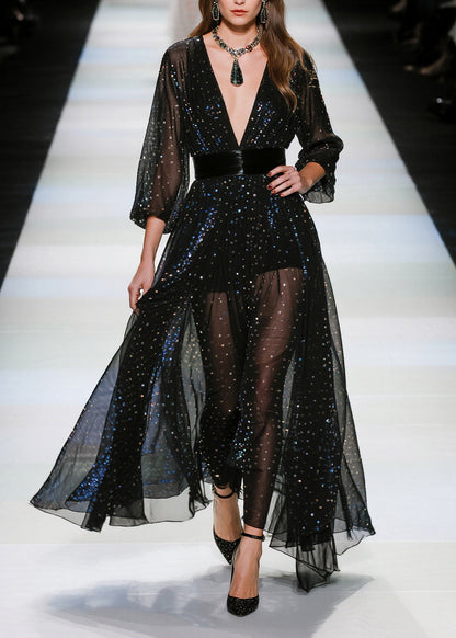 Black Sequins Tunic Tulle Sheer Dresses Summer