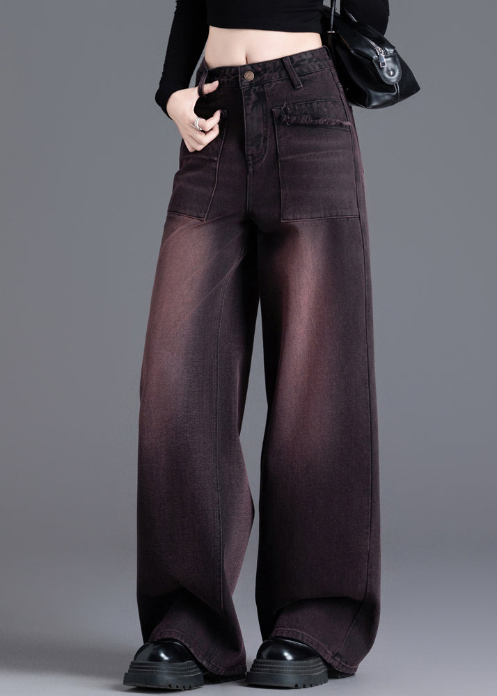 American Style Red Black High Waisted Warm Fleece Denim Wide Leg Pants Spring