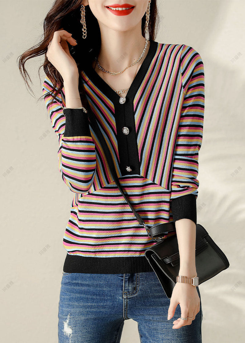 V Neck Striped Patchwork Shirt Spring
