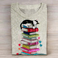 Comstylish Cat Sleep At Books Print Casaul Short Sleeve T-Shirt