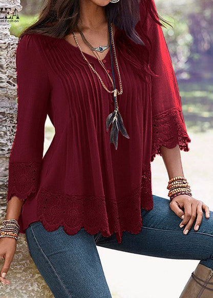 V-neck Pleated Lace Patchwork Three Quarter Sleeve Blouse