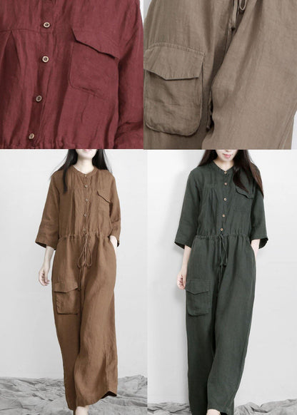Fitted Tea Green Button Drawstring Fall Linen Jumpsuit Pants