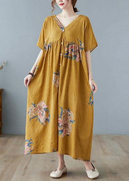 Black Flower Retro Button Summer Print Half Sleeve Maxi Dress