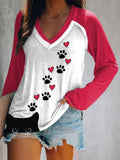Cat Paw Heart Colorblock V Neck Long Sleeve T Shirt elevenforest