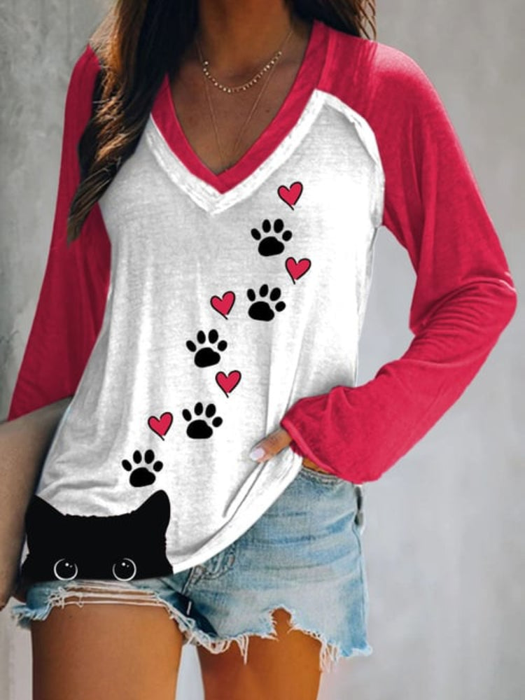 Cat Paw Heart Colorblock V Neck Long Sleeve T Shirt elevenforest