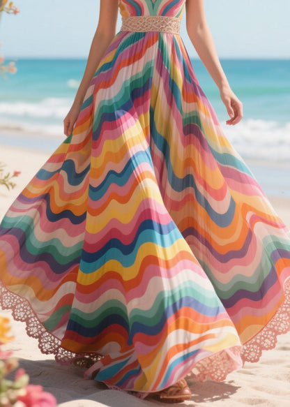 Style Rainbow Cinched Exra Large Hem Chiffon Beach Dress Summer