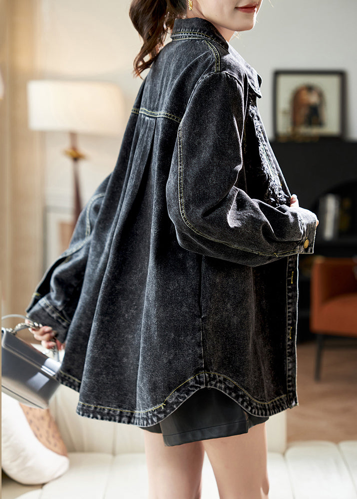 Black Peter Pan Collar Patchwork Button Denim Coats Spring