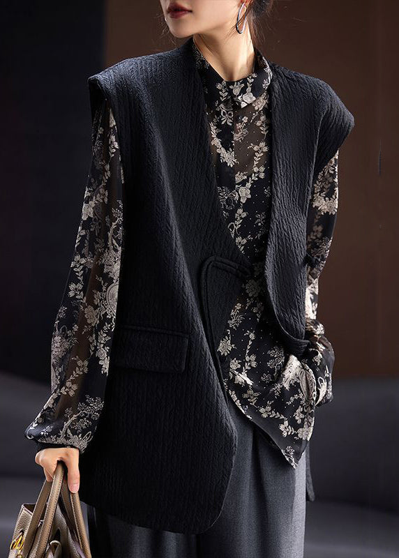 Black V Neck Chinese Button Cotton Waistcoat Sleeveless