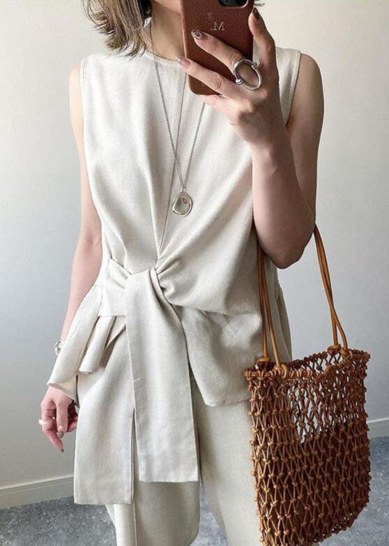 Beige Asymmetrical Design Slim Fit Cotton Tops Sleeveless
