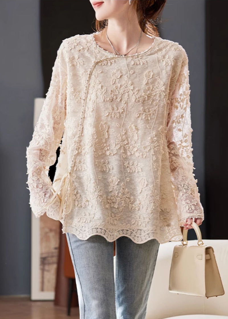 Beige Embroidered Nail Bead Lace Up Chiffon Shirt Spring