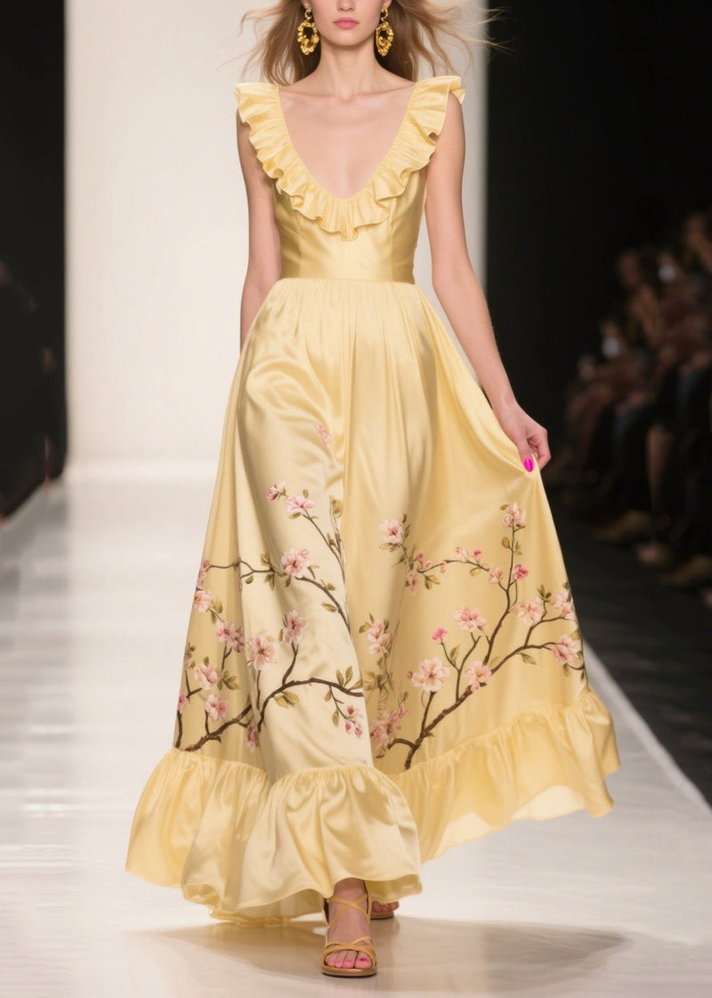 Yellow Ruffles Print Silk Vestidos Dress Summer