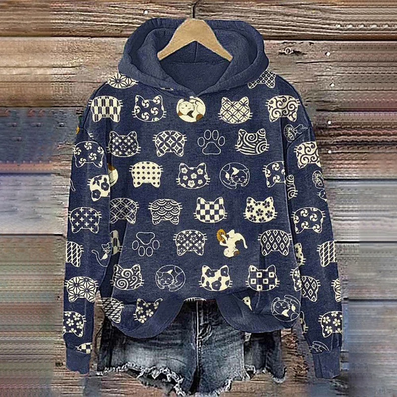Cute Cat Japanese Art Print Hoodie elevenforest