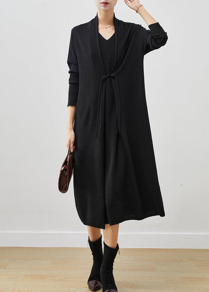 Black Patchwork Knit Fake Two Piece Dress Chinese Button Spring