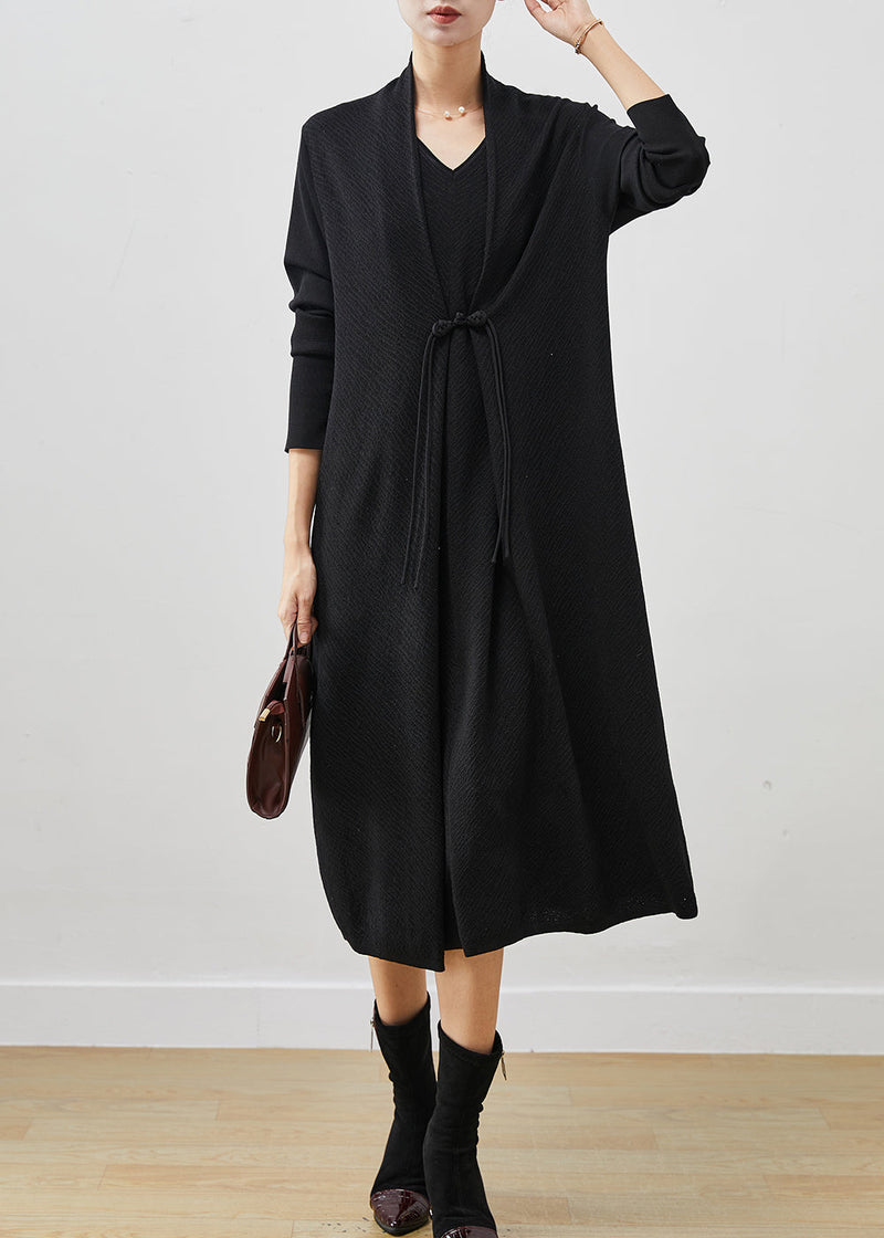 Black Patchwork Knit Fake Two Piece Dress Chinese Button Spring