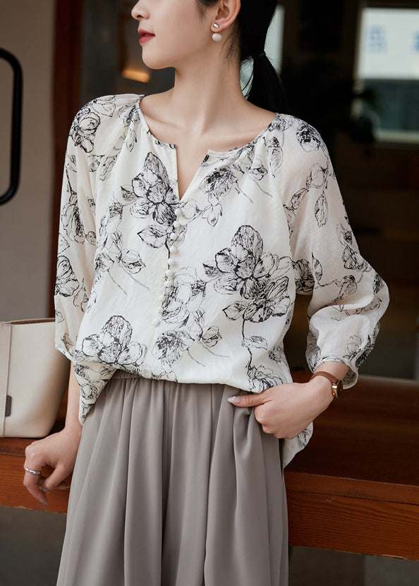 White Oversized Print Cotton Shirts Bracelet Sleeve
