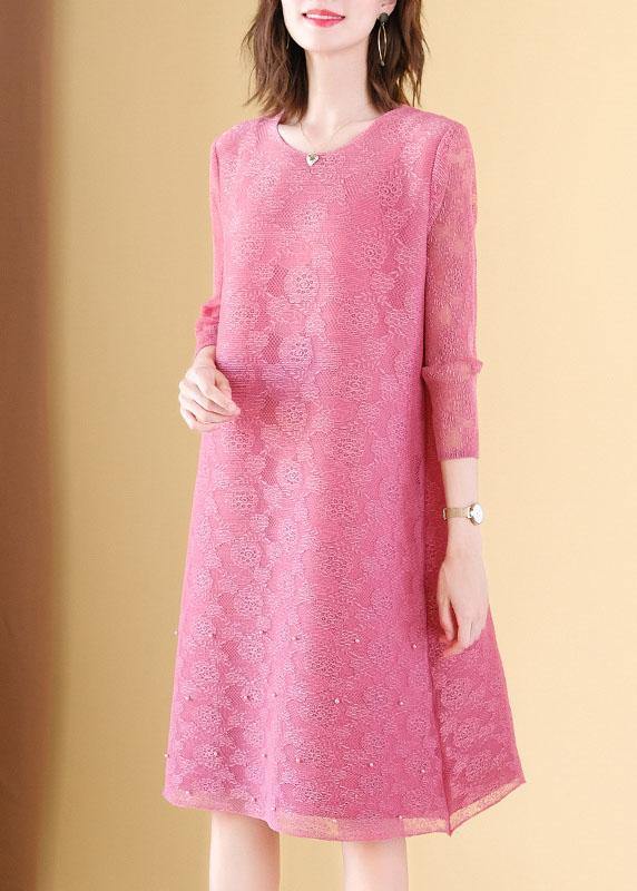 Art Pink O-neck Long Sleeve Maxi Summer Lace Dress
