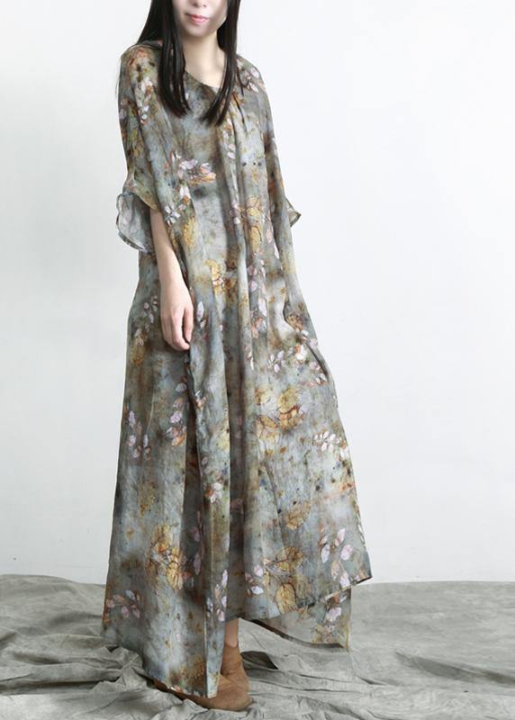 Grey Green Print Linen Pockets Summer Dresses