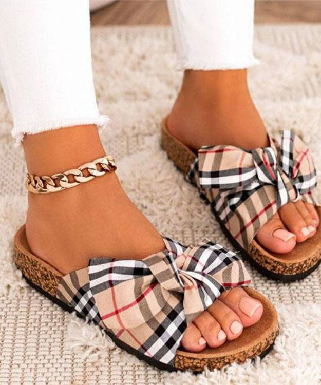 Khaki Beach Slide Sandals Splicing Bow Canvas