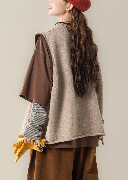 Apricot Jacquard Knit Vest and Coffee T Shirt Patchwork Two Piece Set