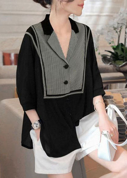 Black Peter Pan Collar Plaid Patchwork Shirt Top Three Quarter Sleeve