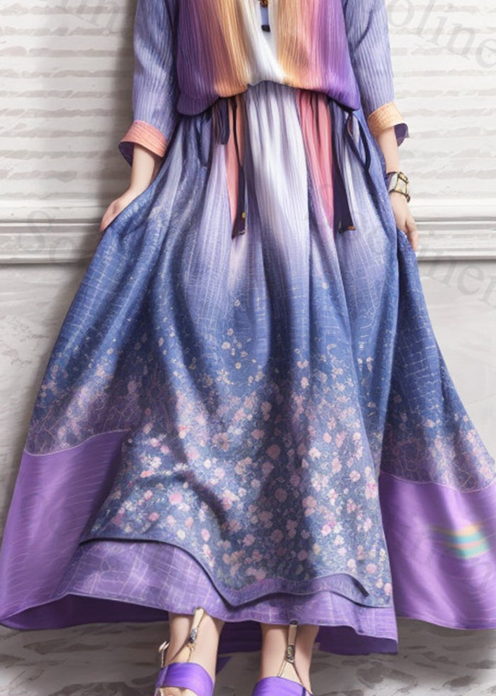 Italian Gradient Purple Cold Shoulder Exra Large Hem Silk Beach Dress Summer