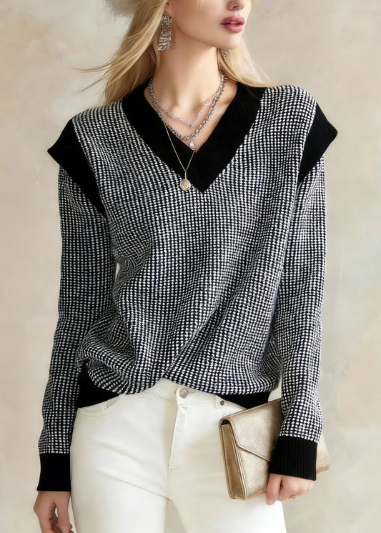 Black V Neck Plaid Knit Sweater Tops Winter