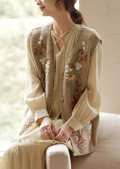 Khaki Embroideried Button Patchwork Knit Waistcoat Sleeveless