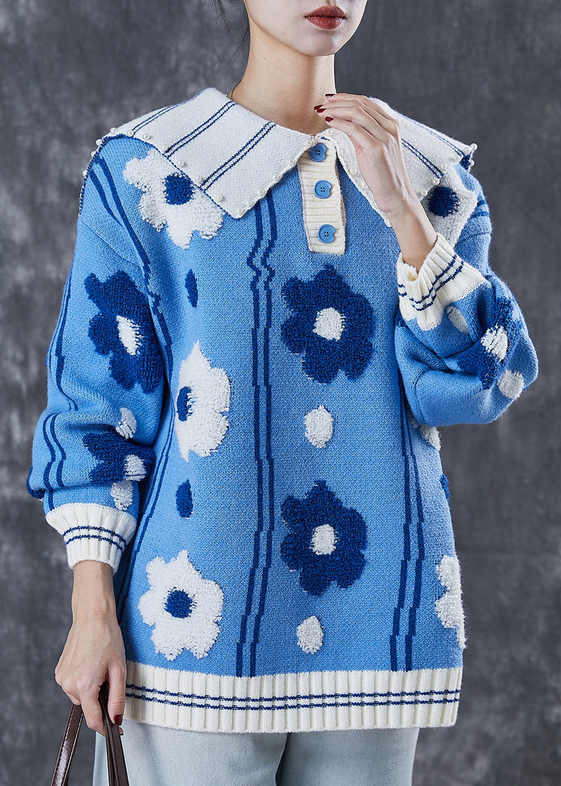 Blue Jacquard Knitted Tops Oversized Pearls Spring