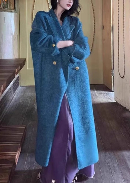 Blue Notched Button Woolen Maxi Coats Winter