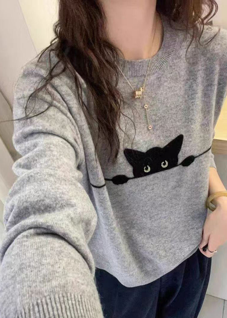 Grey O-neck Embroidered Cotton Knit Sweater Spring