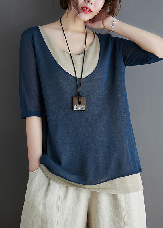 Stylish Navy Patchwork Knit Fake Two Piece Tops Summer