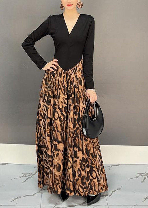 Colorblock V Neck Print Patchwork Long Dress Fall