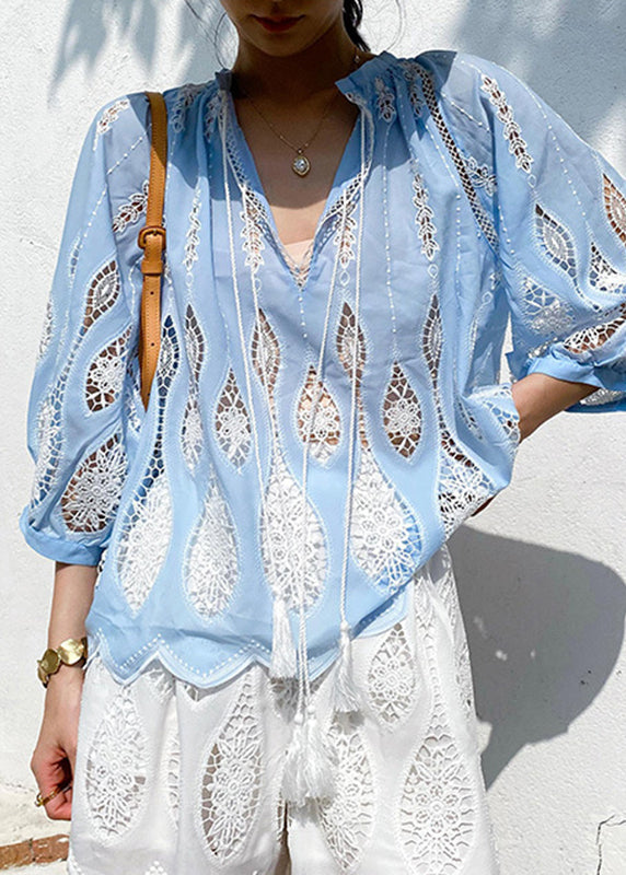 Art White Embroidered Hollow Out Cotton Shirt Summer