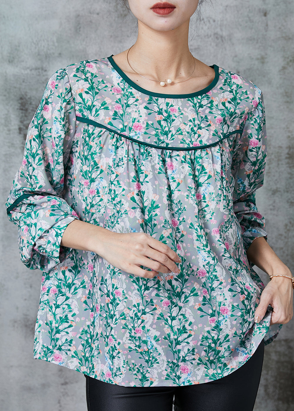 Green Print Chiffon Loose Shirt Spring