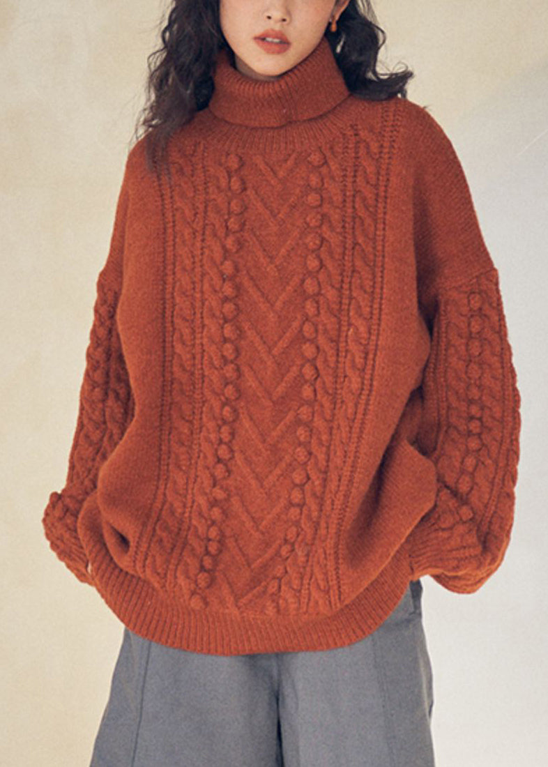 Caramel Turtleneck Patchwork Cable Knit Sweaters Top Fall