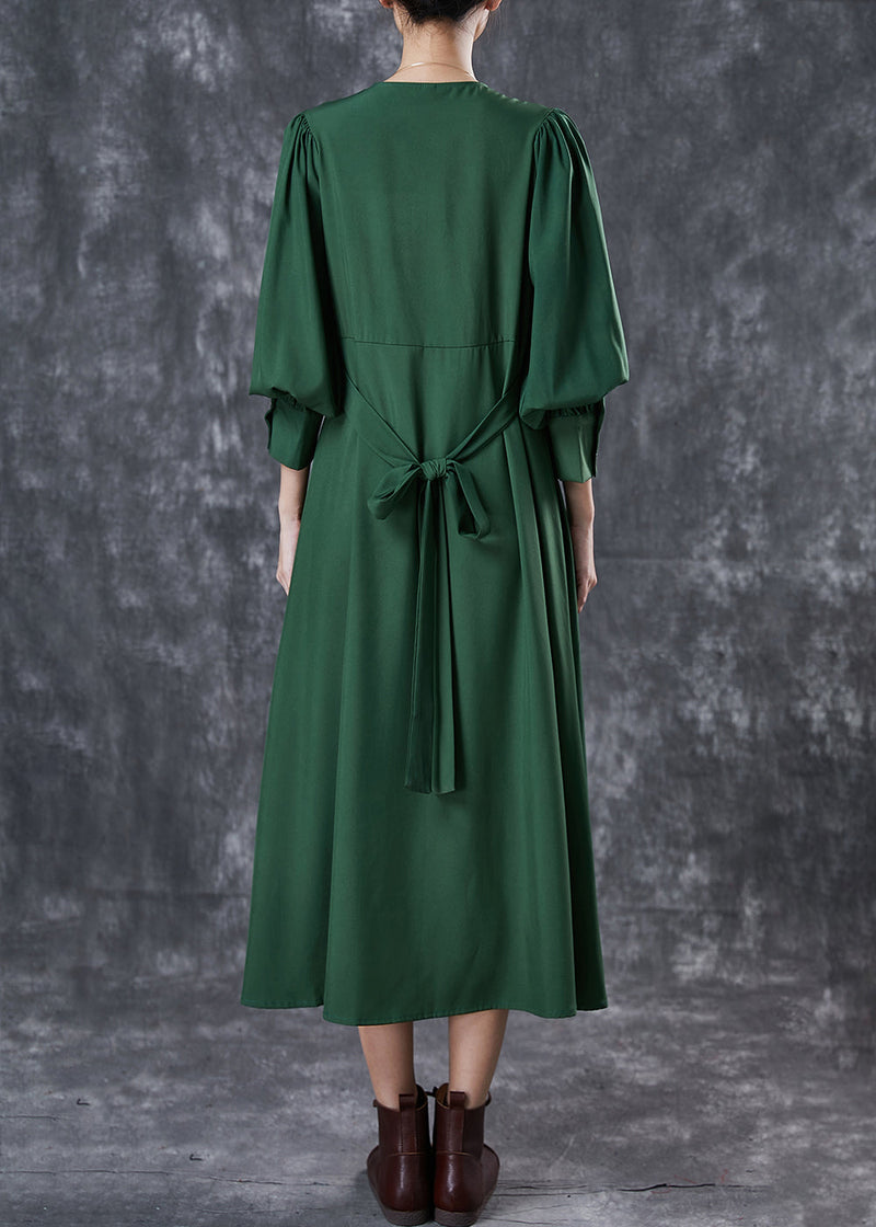 Green Cinched Patchwork Lace Up Cotton Dresses Spring