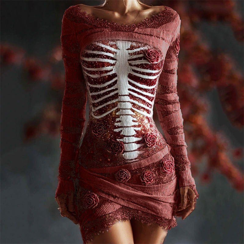 Comstylish Halloween Bloody Red Roses Rib Cage Lace Comfy Mini Dress