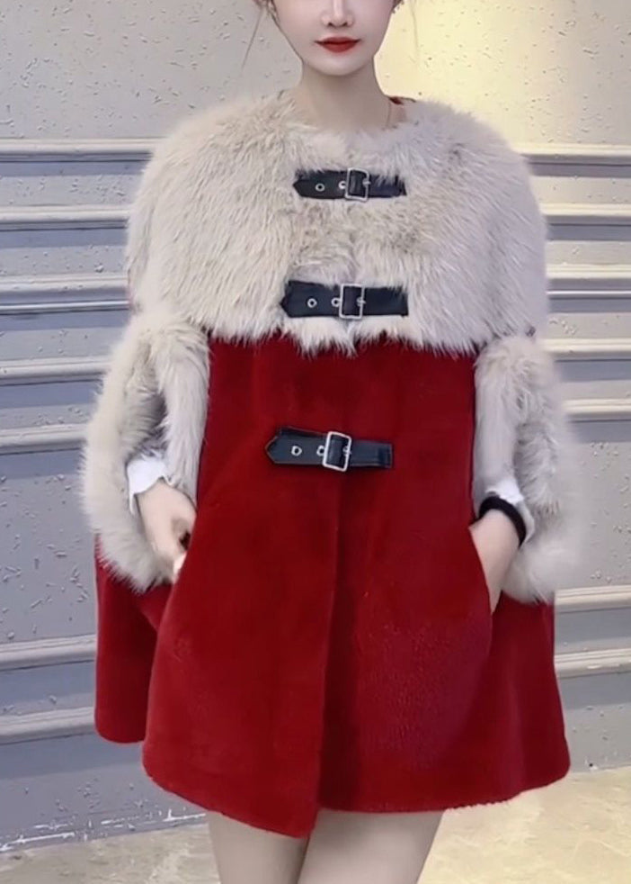 Red Fluffy Pockets Patchwork Cape Coats Spring