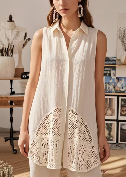 White Patchwork Cotton Blouses Peter Pan Collar Hollow Out Sleeveless