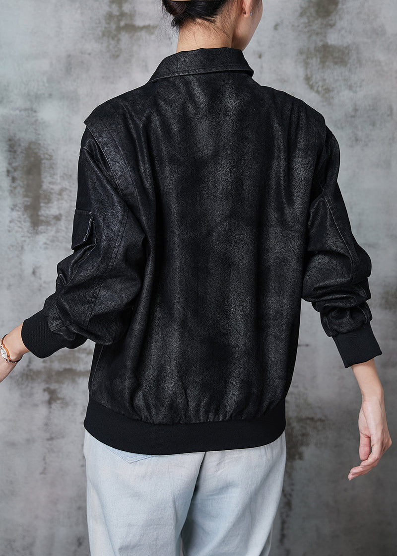 Black Oversized Pockets Faux Leather Jacket Spring