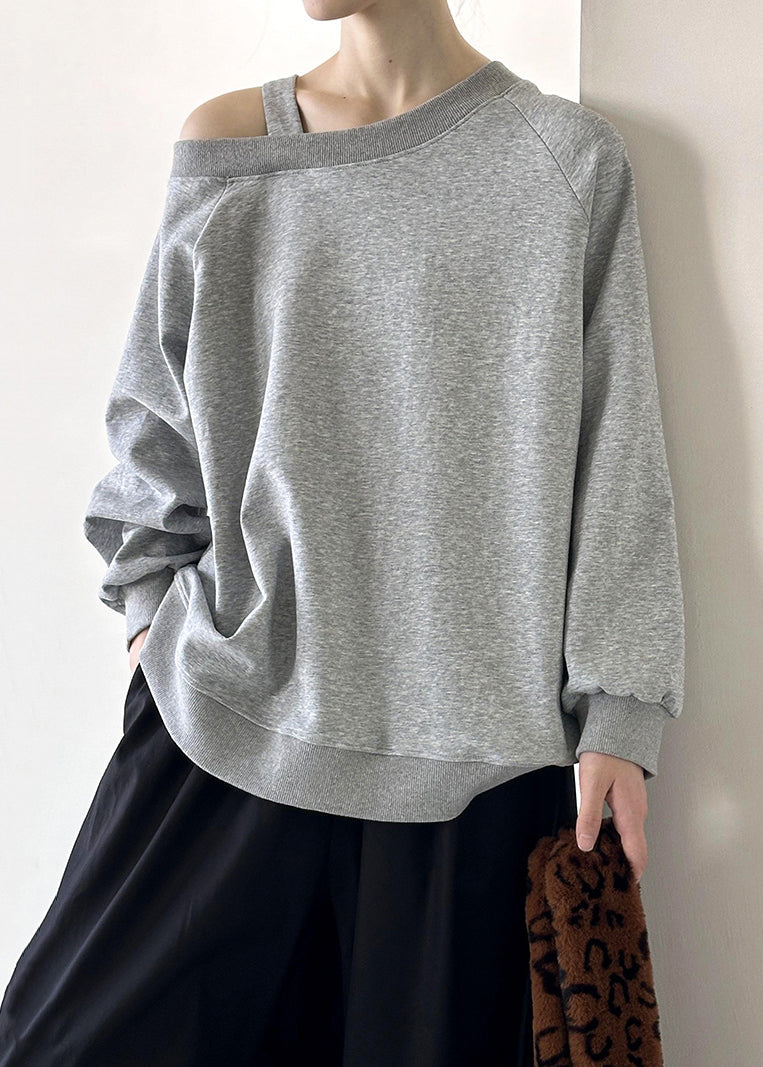 Grey Cotton Top Asymmetrical Long Sleeve