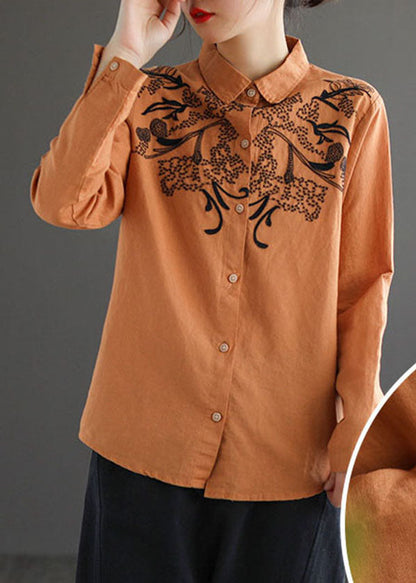 Orange Turn-down Collar Embroideried Cotton Shirt Top Long Sleeve
