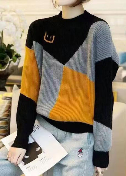 Colorblock O Neck Thick Patchwork Knit Sweaters Fall
