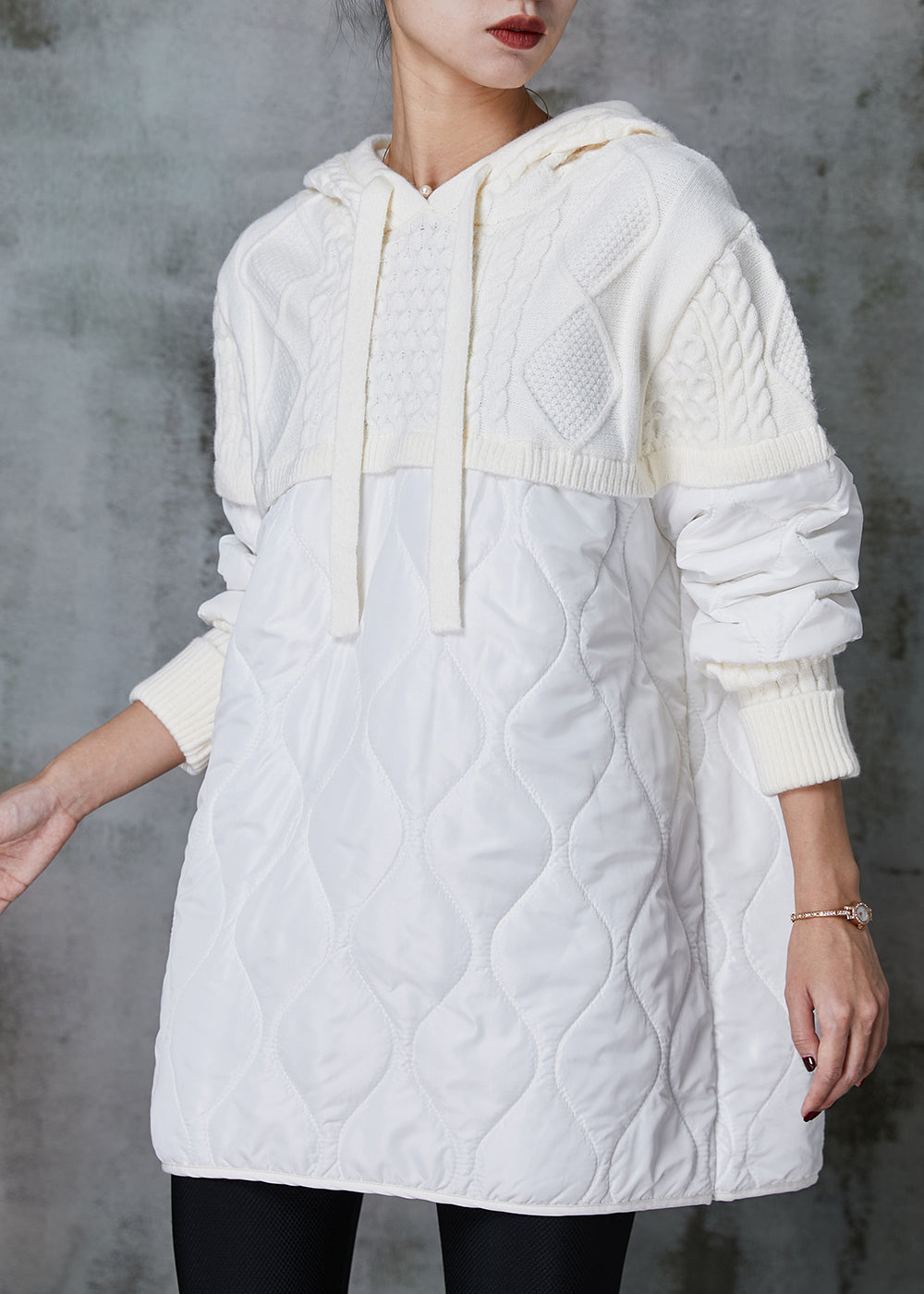 White Hooded Patchwork Knit Sweatshirt Spring