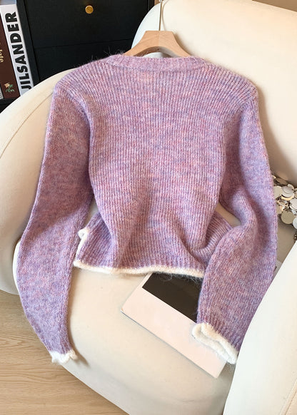 French Purple Pearl Button Patchwork Knit Sweater Spring
