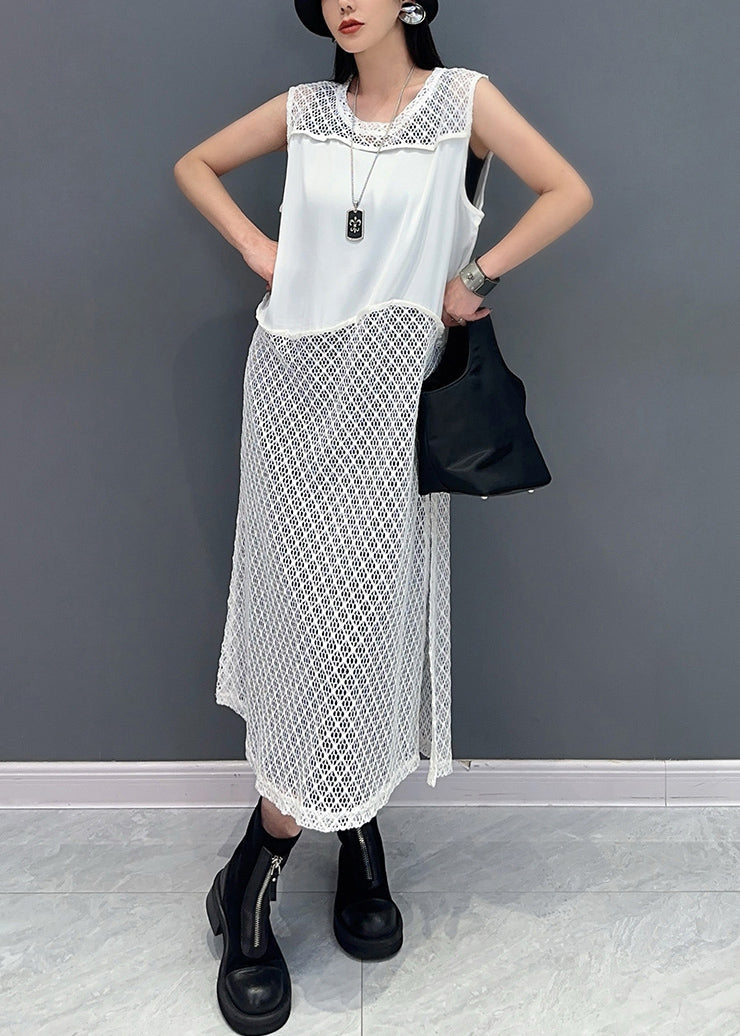 White O Neck Hollow Out Knit Dress Sleeveless