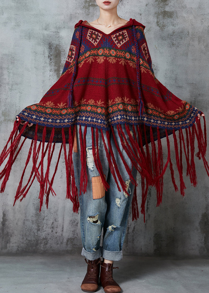 Mulberry Tasseled Print Knit Hooded Coat Spring