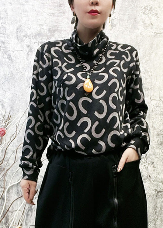 Italian Black Turtleneck Print Tops Long Sleeve