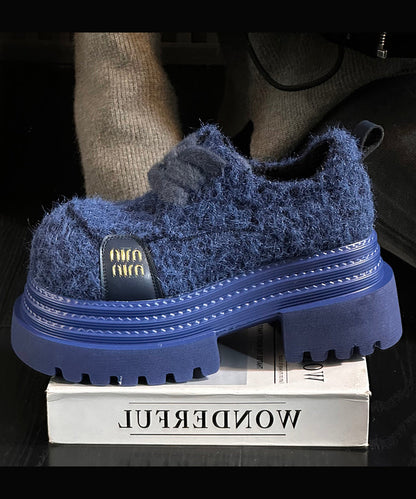 Blue Lace Up Chunky Sheepskin Splicing Loafers